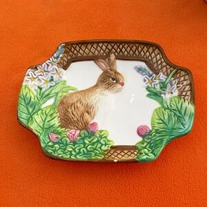 Hand-Painted Bunny Ceramic Trinket Dish in Green & Brown
